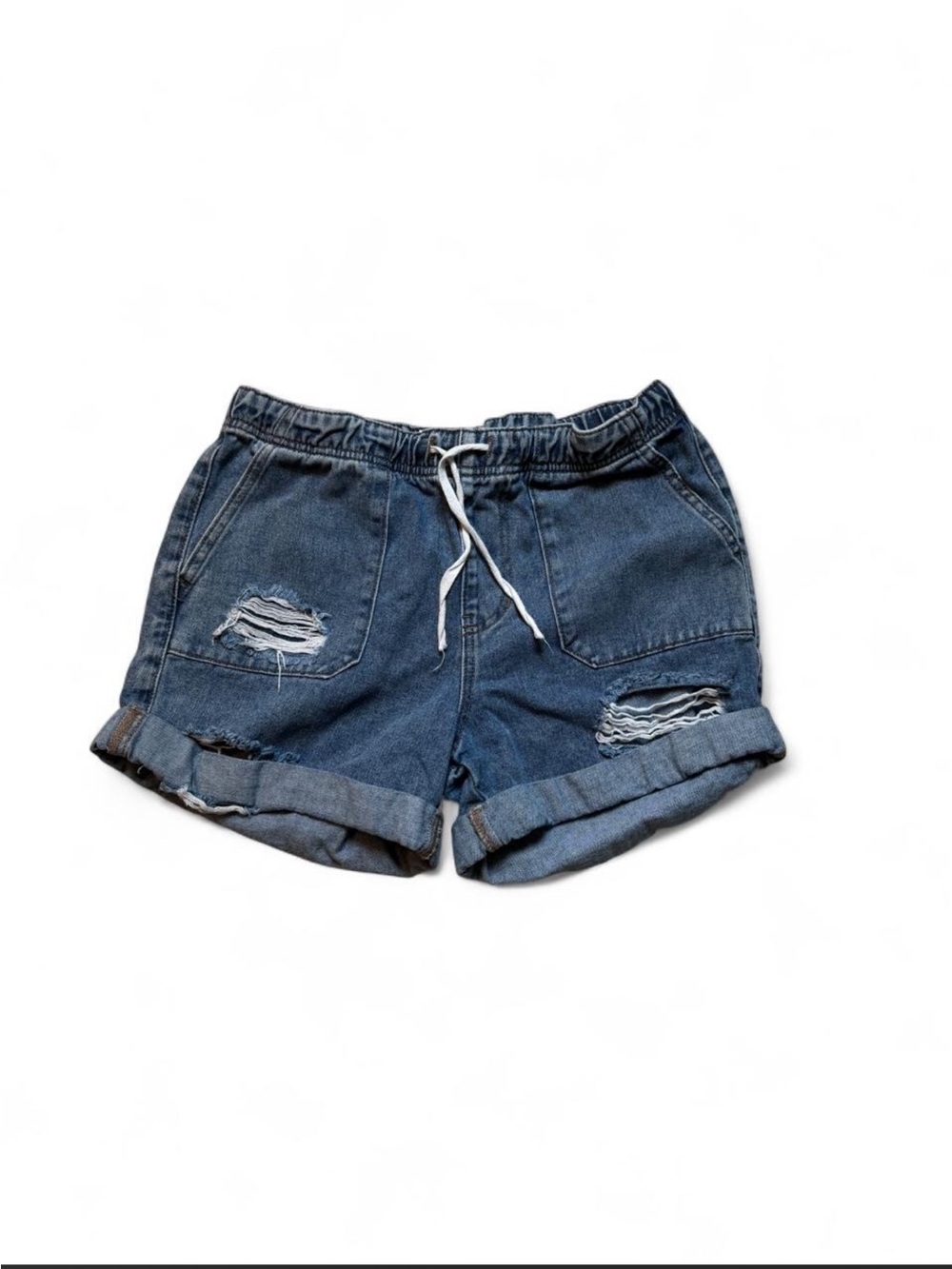 PTCL Rolled Cuff Distressed Denim Shorts - Blue